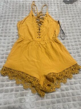 Forever 21 Mustard Yellow Lace-Trim Lace-Up Romper